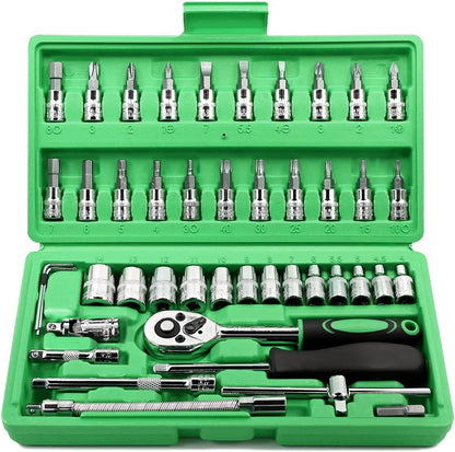 Egofine 46 Pieces 1/4 inch Drive Socket Ratchet Wrench Set, with Bit Socket Set Metric and Extension Bar for Auto Repairing and Household, with Storage Case