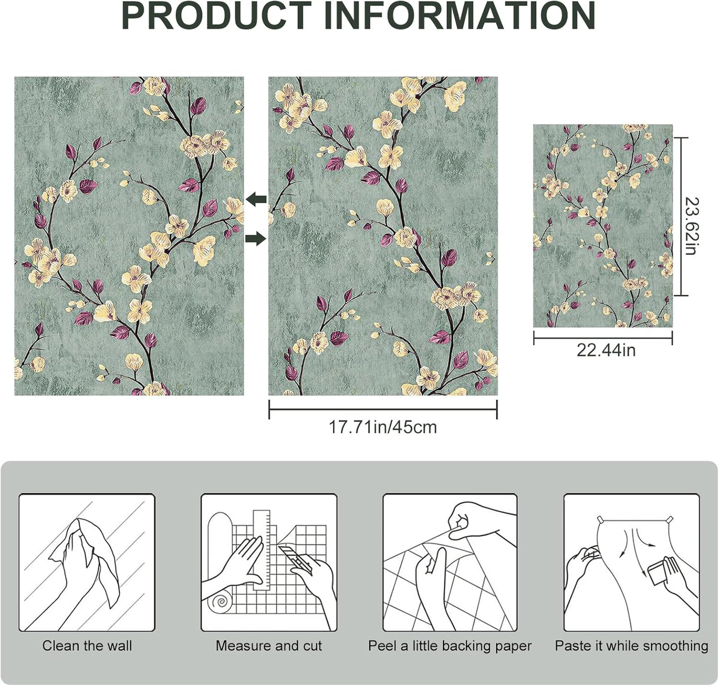 SOON AFTER 17.5”x120” Floral Peel and Stick Wallpaper Flower Tree Contact Paper Self Adhesive Removable Modern Sage Green Wall Paper Decorative Wall Covering Countertop Vinyl Film Roll