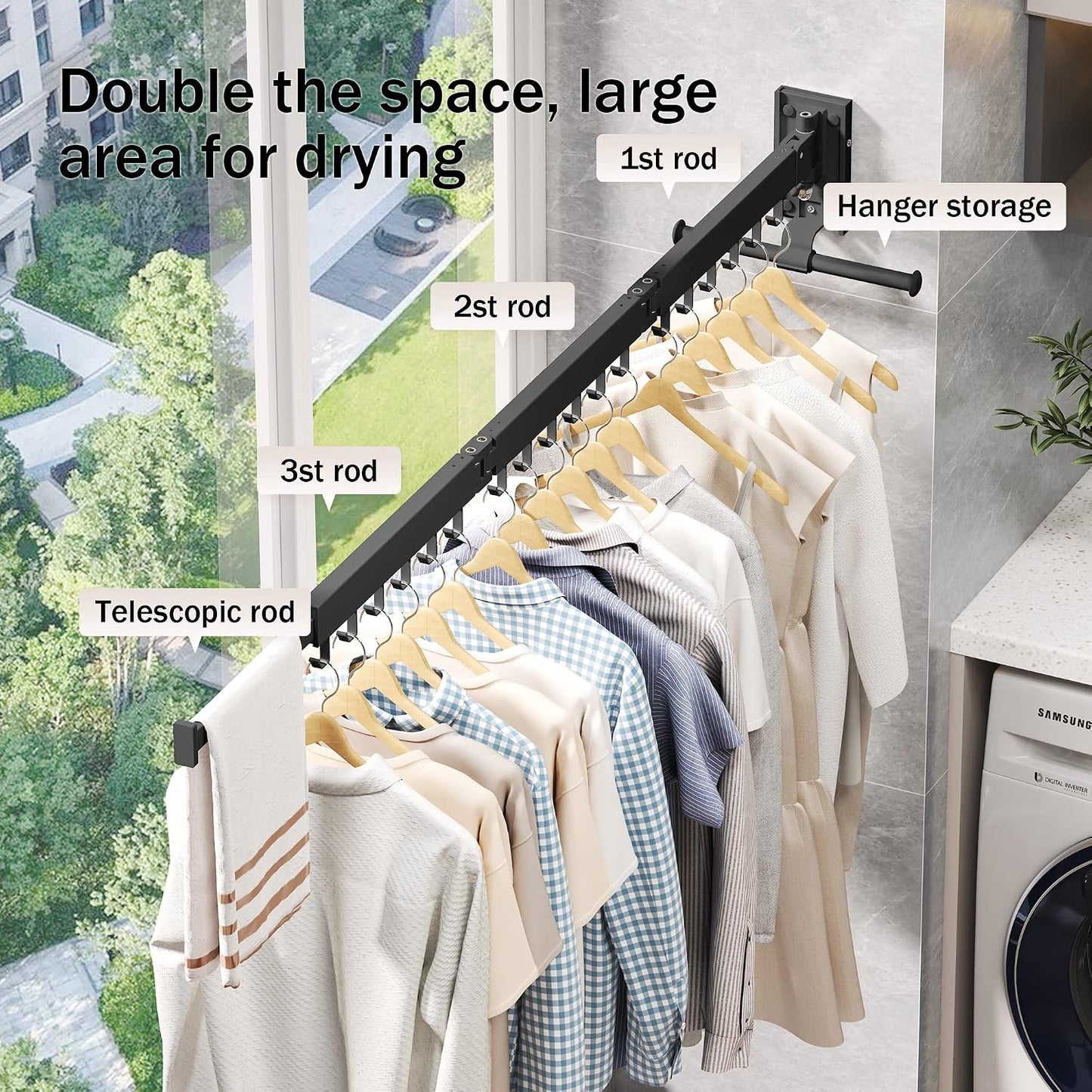 LIENAHU Wall Mounted Clothes Drying Rack, Collapsible, Folding, Retractable - Clothes Hanging Rack (Hooks, White)