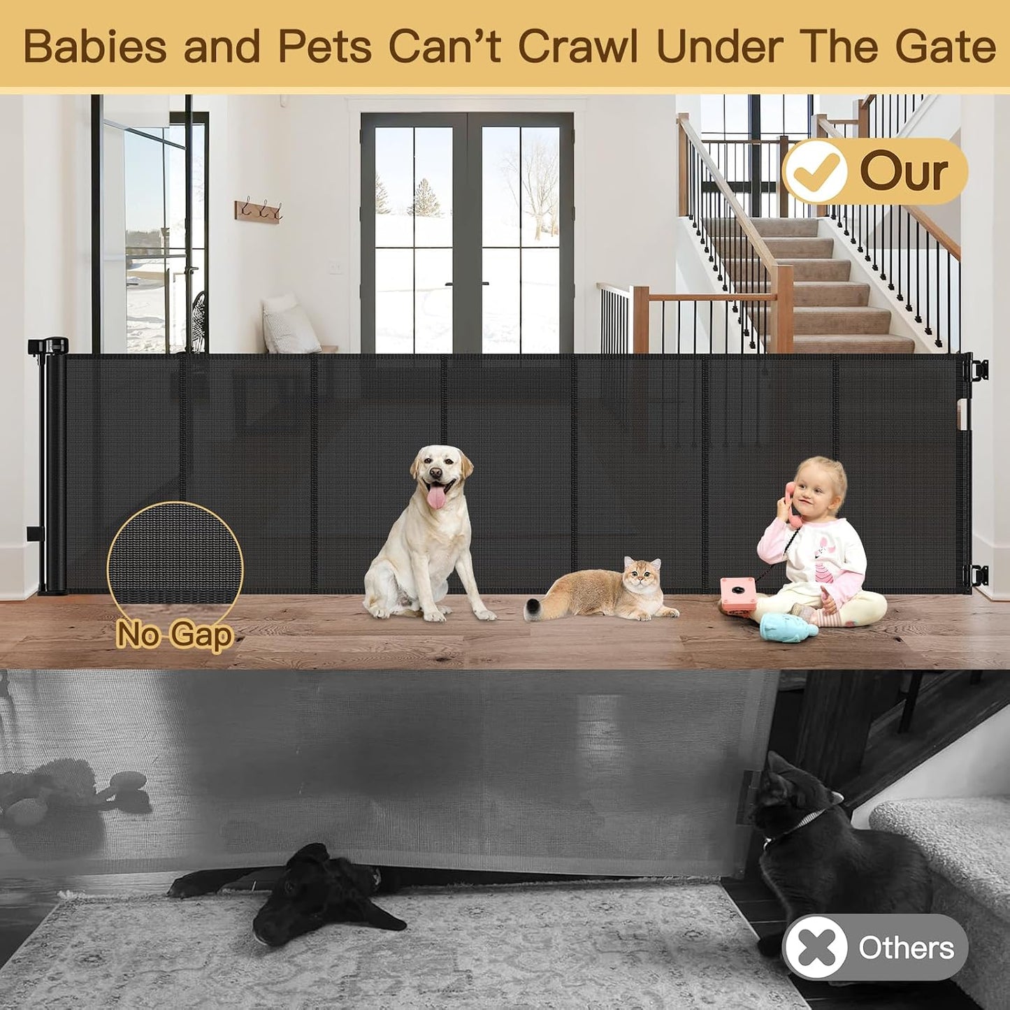 Reinforced 55" Wide Retractable Baby Gates with Reinforced Strips, Indoor/Outdoor Retractable Dog Gate for Doorway Prevent Bottom Drilling Through, No Bottom Bar Safety Mesh Baby Gate for Stair, Black