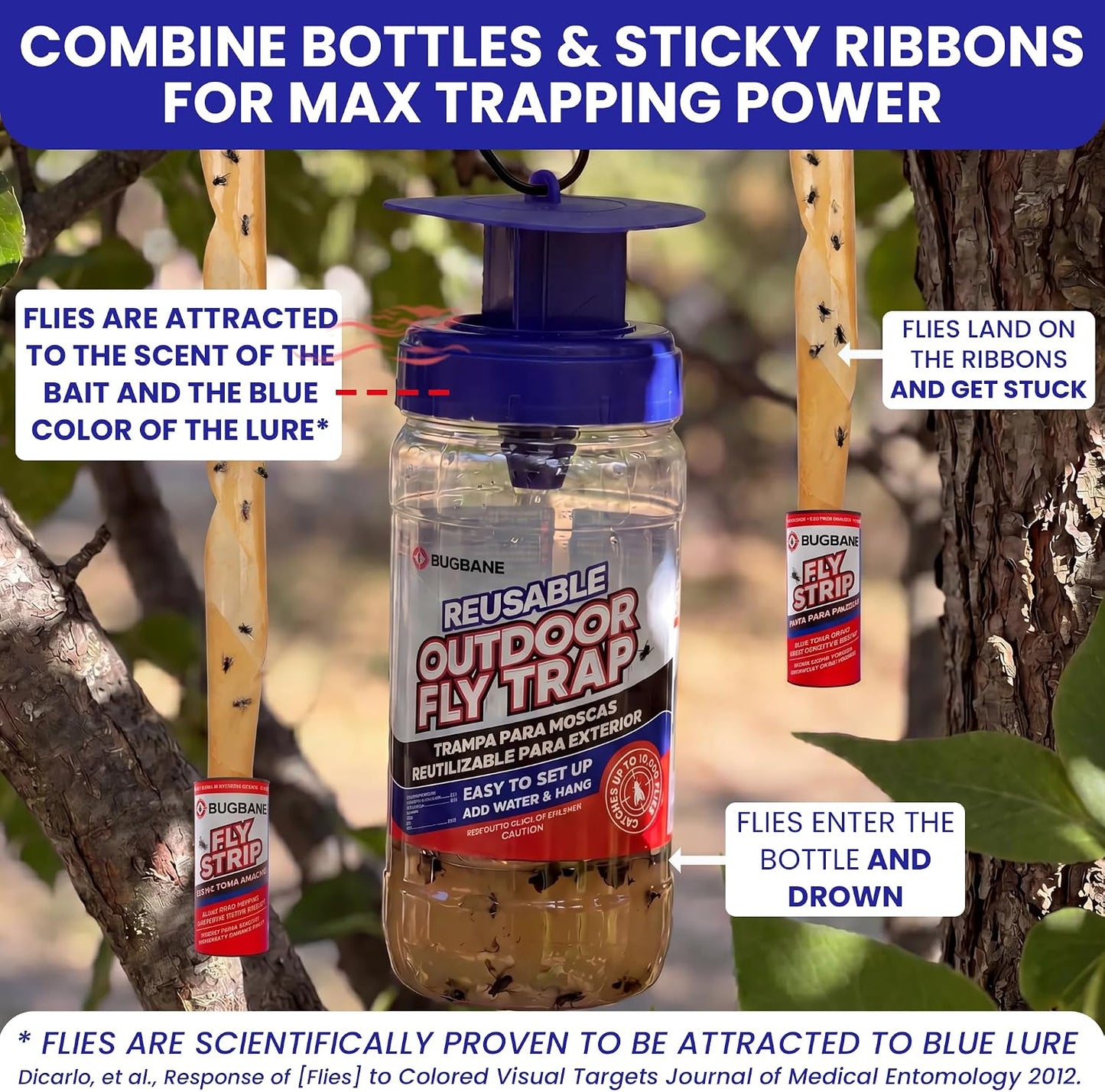 2 Fly Traps Outdoor Fly Trap for Patio with 4 Non-Toxic Dissolvable Bait Refills and 12 Sticky Ribbons. Reusable Hanging Bug Catcher Killer for All Filth Flies for Outside Bug Control Yard Ranch