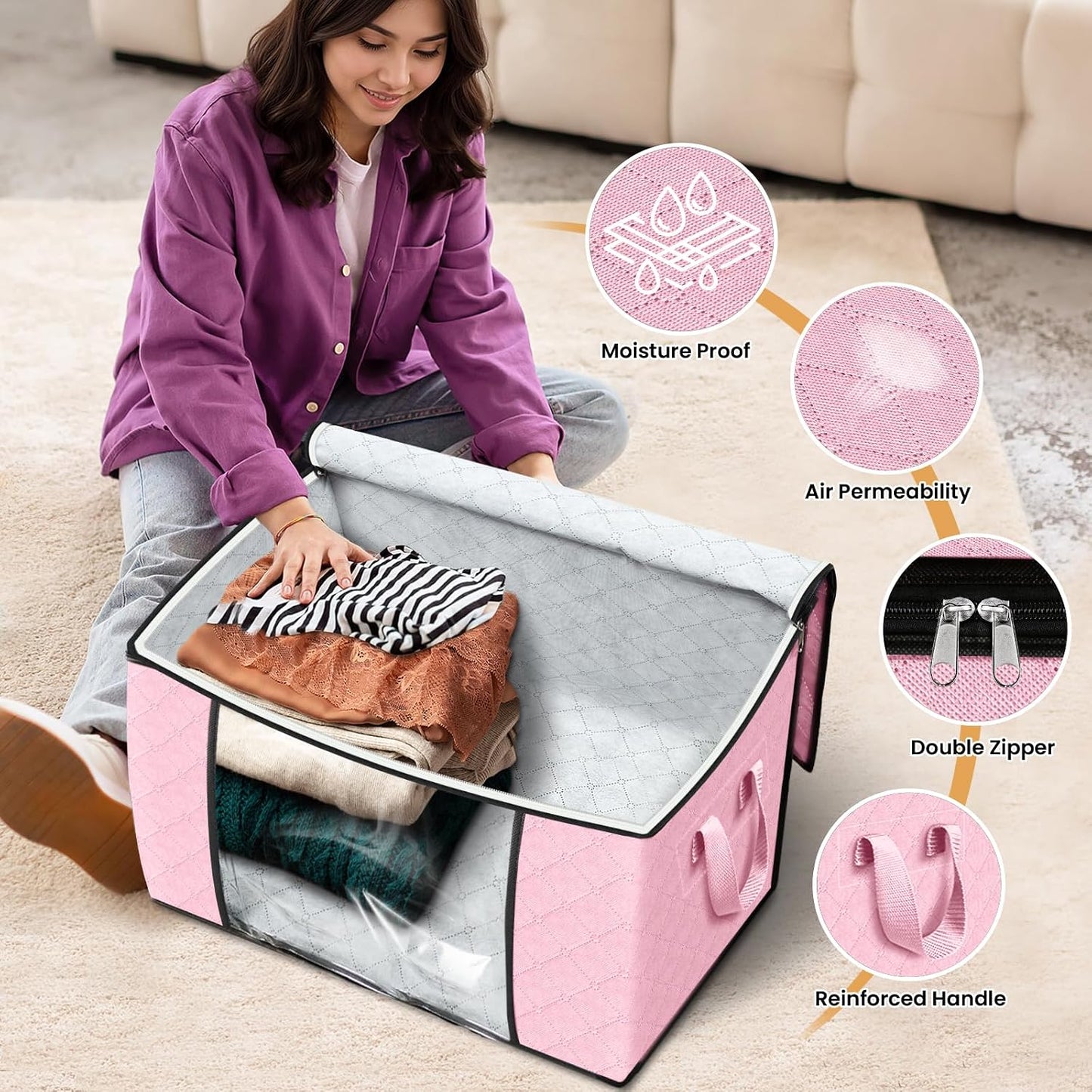 Fab totes 6 Pack Storage Bags for Clothes and Blanket, Foldable Closet Organizers and Storage with Zippers, Clear Window and Handles, Fabric Storage Bins for Sweater, Comforter, Bedding,Linen Sheets