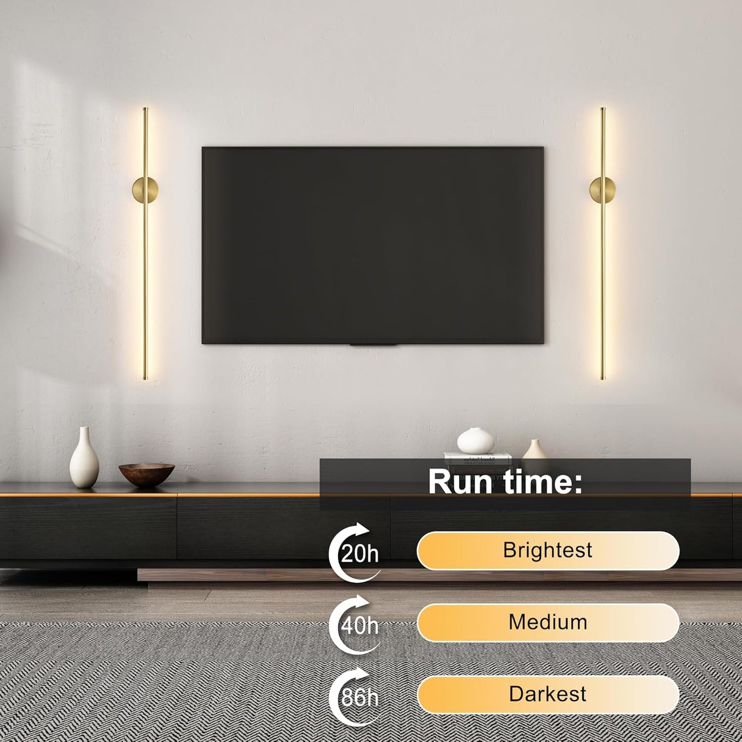 Battery Operated Modern Wall Sconces, Dimmable Wireless Wall Light Set of Two with Remote Control, 3 Color Temperatures, Rechargeable LED Wall Sconce for Bedroom, Living Room, Hallway, 23.6 Inch Brass