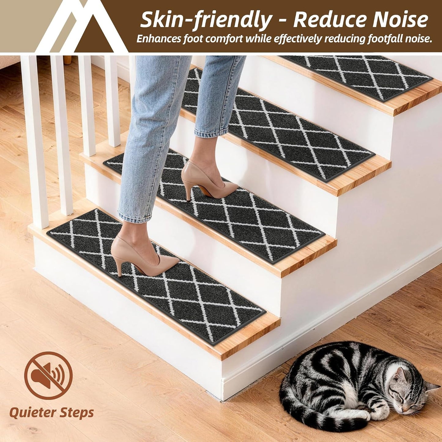 COSY HOMEER Carpet Stair Treads for Wooden Steps Non-Slip Indoor,4pcs, Navy | Peel and Stick,Reusable Adhesive,Residue Free,Washable,Pet Friendly,Soft Stair Runner for Kids,Elders,Multi-Surface Use