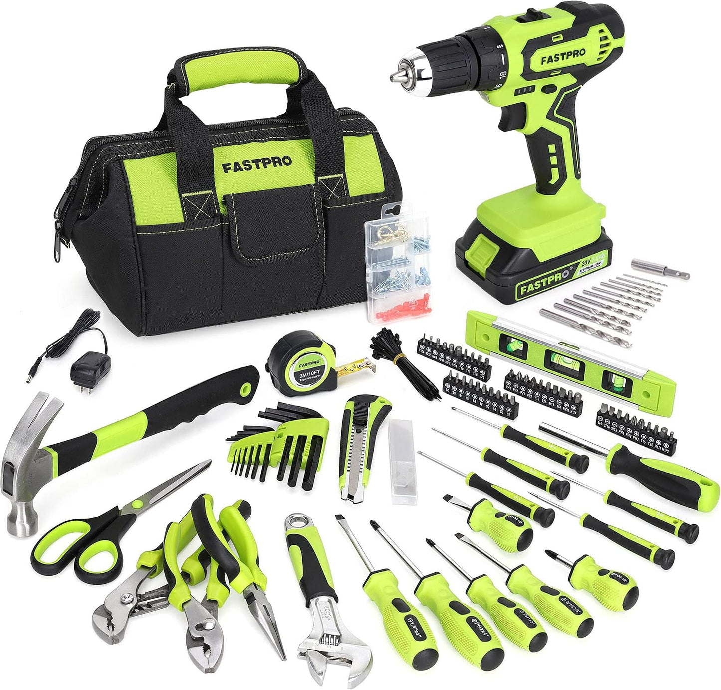 FASTPRO 232-Piece Home Tool Set with Drill, 20V Cordless Drill Driver, Household Repairing Tool Kit with Drill, 12-Inch Wide Mouth Storage Tool Bag Included, Red