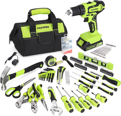 FASTPRO 232-Piece Home Tool Set with Drill, 20V Cordless Drill Driver, Household Repairing Tool Kit with Drill, 12-Inch Wide Mouth Storage Tool Bag Included, Red