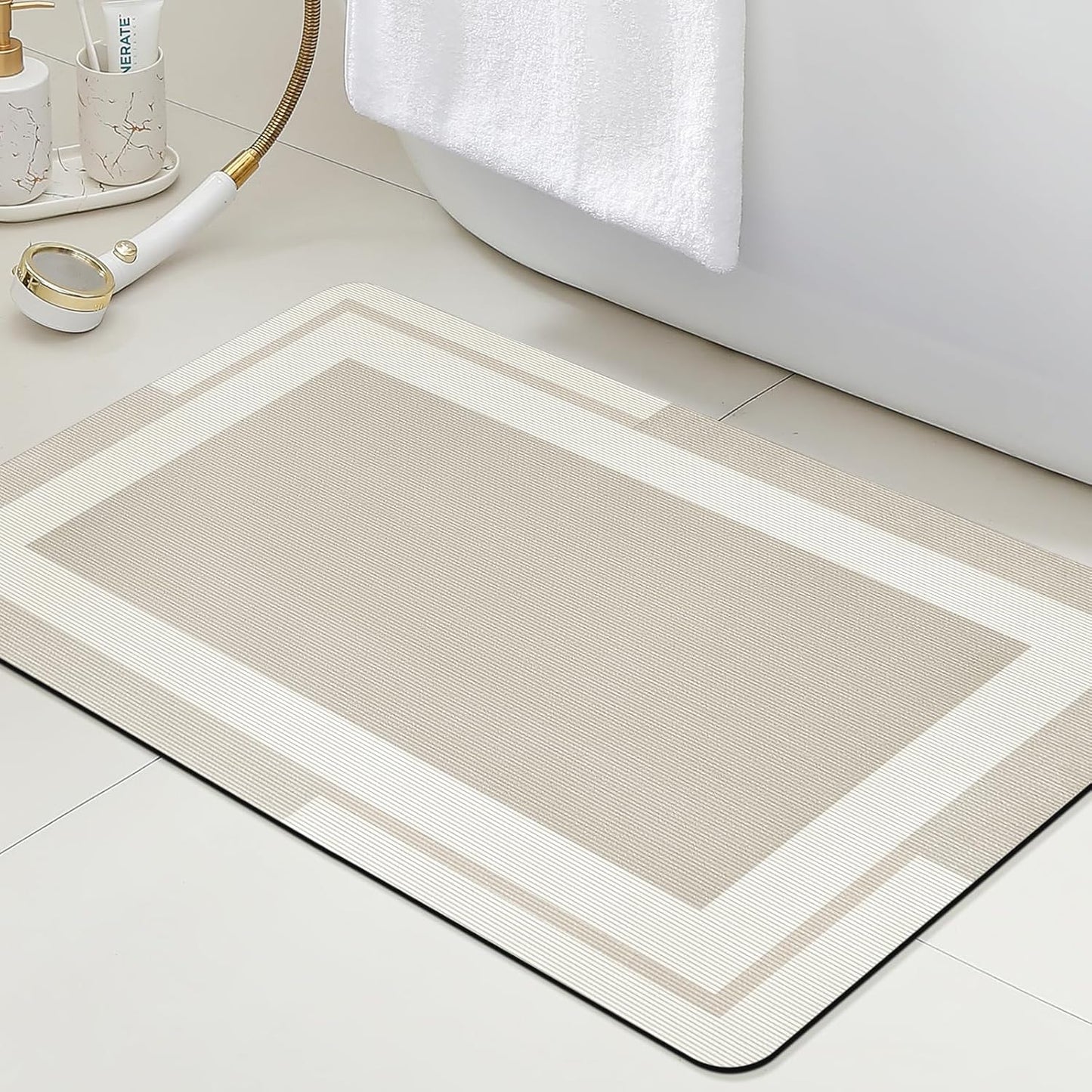 ACCUMTEK Non Slip Bath Mat, Thin Bathroom Rugs Fit Under Door, Quick Dry Bath Mats, Machine Washable Bath Rugs for Bathroom, Bathtub & Kitchen, Grey/Bordered/24 x17