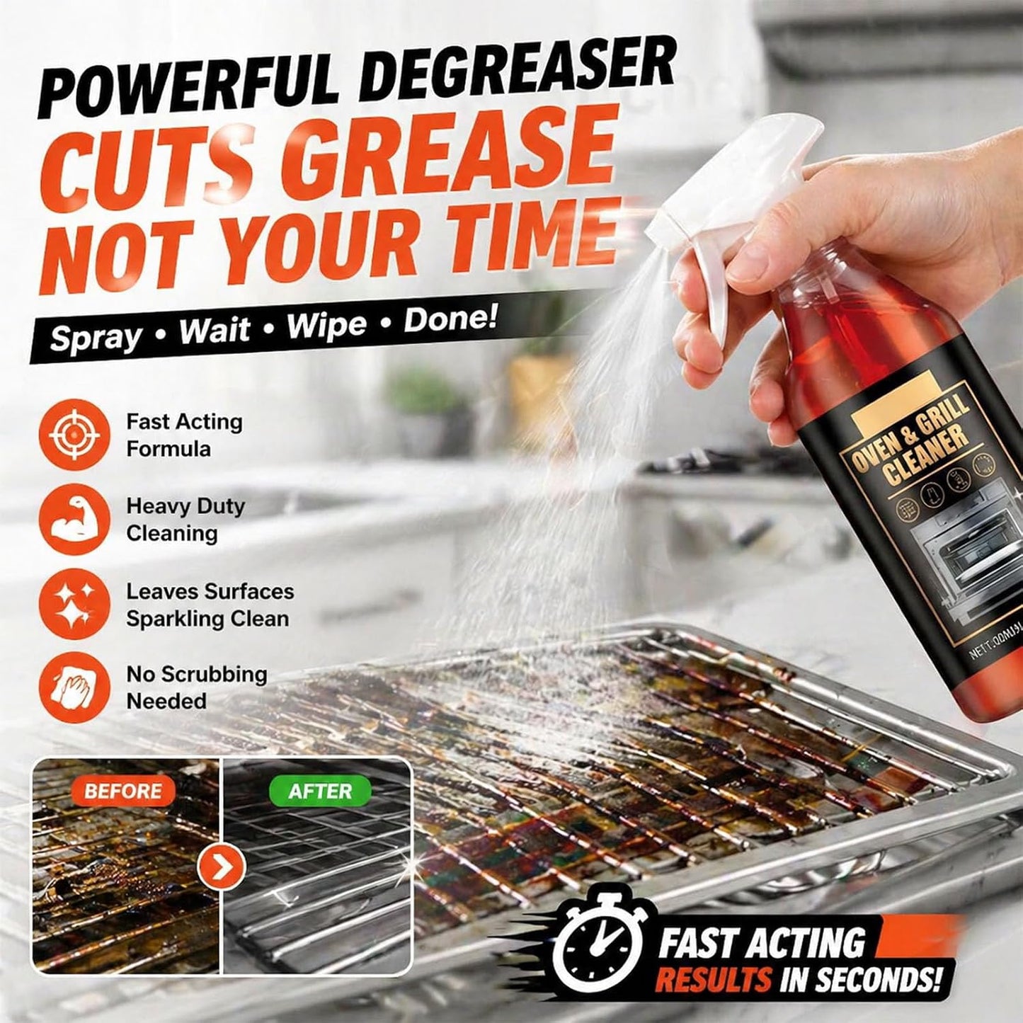 Oven & Grill Cleaner Spray, Heavy Duty Degreaser for Stove, BBQ & Kitchen Surfaces, Fast Acting Grease Remover, Non-Streak Formula for Oven, Grill Grates, Stovetop & Countertops (1pcs)