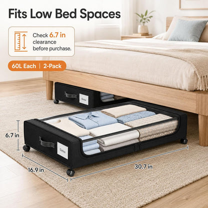 Camkey® Under Bed Storage with 360° Wheels, 2-Pack, 60L Low-Profile Rolling Underbed Bins for Clothes, Shoes, Toys & Books,Easy Pull-Out, Dust Protection, Space-Saving Organizer for Bedroom/Dorm,Black