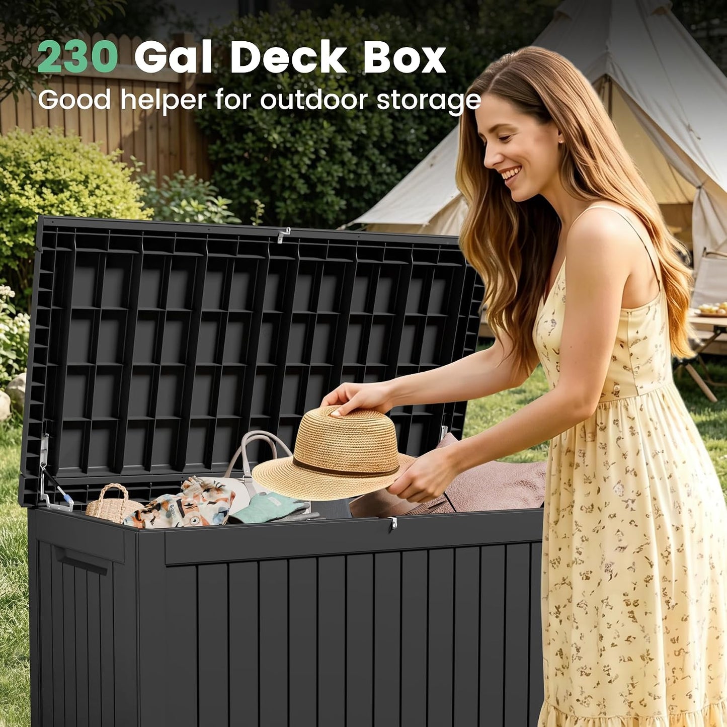 100 Gallon Storage Box, Waterproof Resin Deck Box with Hydraulic Piston Design, Lockable Storage Bench for Package Delivery, Storage Bin for Patio Cushions, Garden Tools, Black