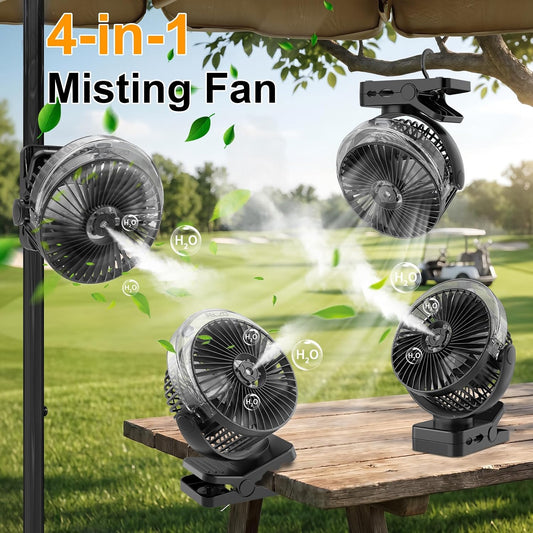 ELZO 12000mAh Clip on Fan, USB Desk Fan Rechargeable with LED Light & Hanging Hook & Magnetic & Spray function, Clip Fan Quiet 360° Rotation Portable for Desktop Stroller Office Tent Car RV