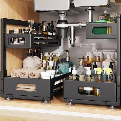 2 Pack Under Sink Organizer,Pull Out Cabinet Organizer with Smooth Cylindrical Rail,Metal Slide Out Drawer for Kitchen Bathroom Laundry Cabinet,8-Level Tool Free Height Adjustable-Black