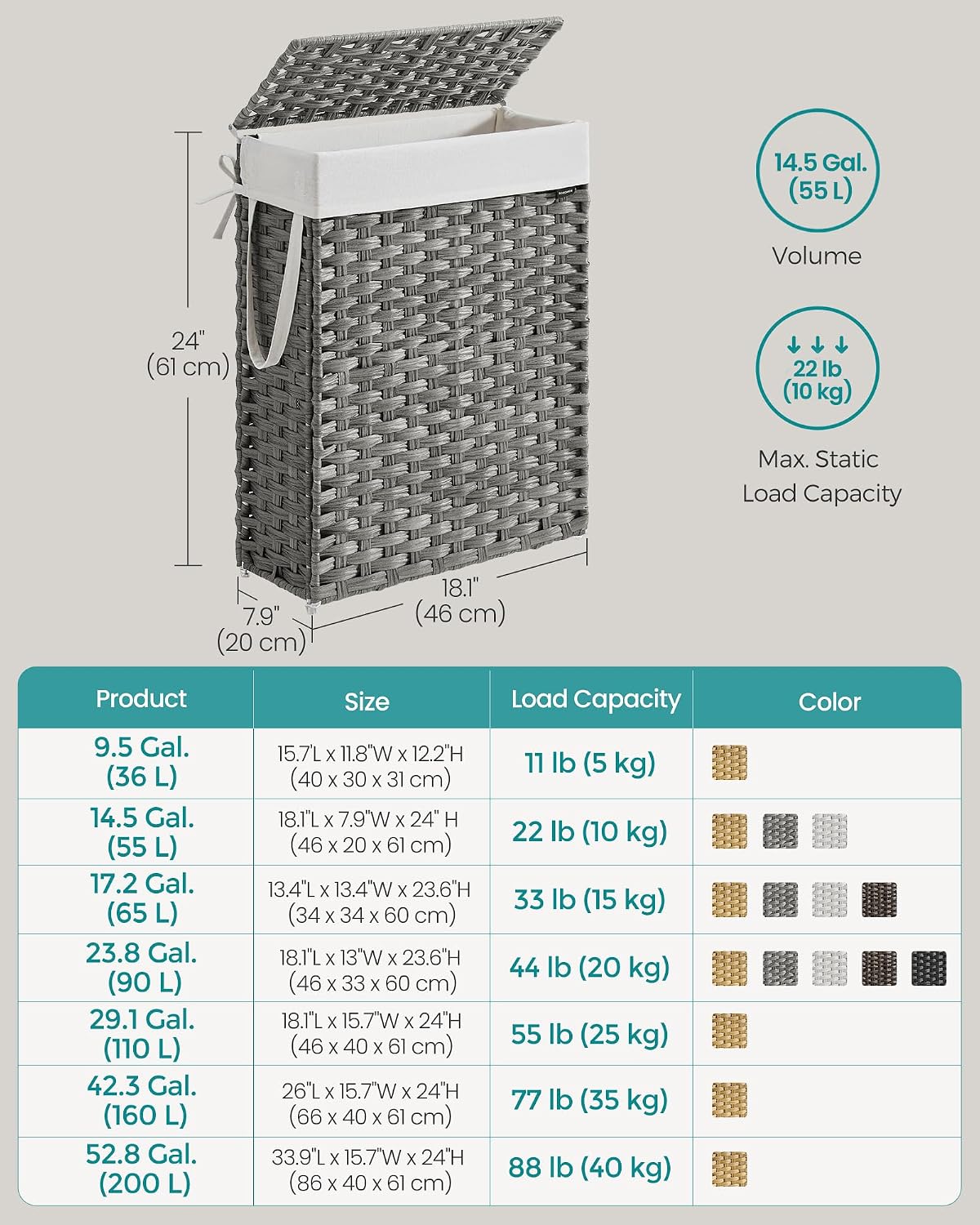 SONGMICS Laundry Hamper with Lid, 23.8 Gallon (90 L) Synthetic Rattan Clothes Laundry Basket with Lid and Handles, Foldable, Removable Liner, Chestnut Brown ULCB051K02