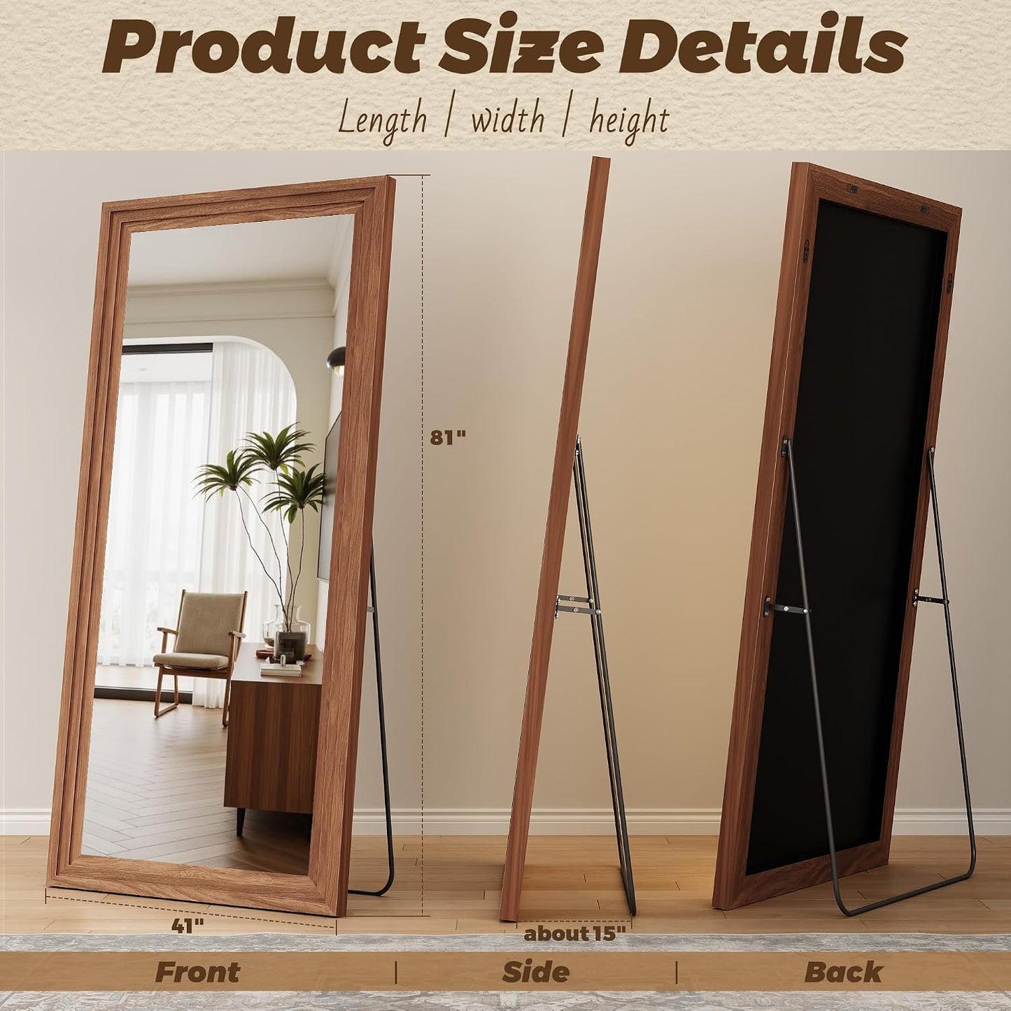 Antok Full Length Mirror with Solid Wood Frame, 71"×32" Wall Mounted Oversized Floor Mirror with Stand, Leaning Standing Hanging for Bedroom Living Room Entryway, Walnut, Arched Syle