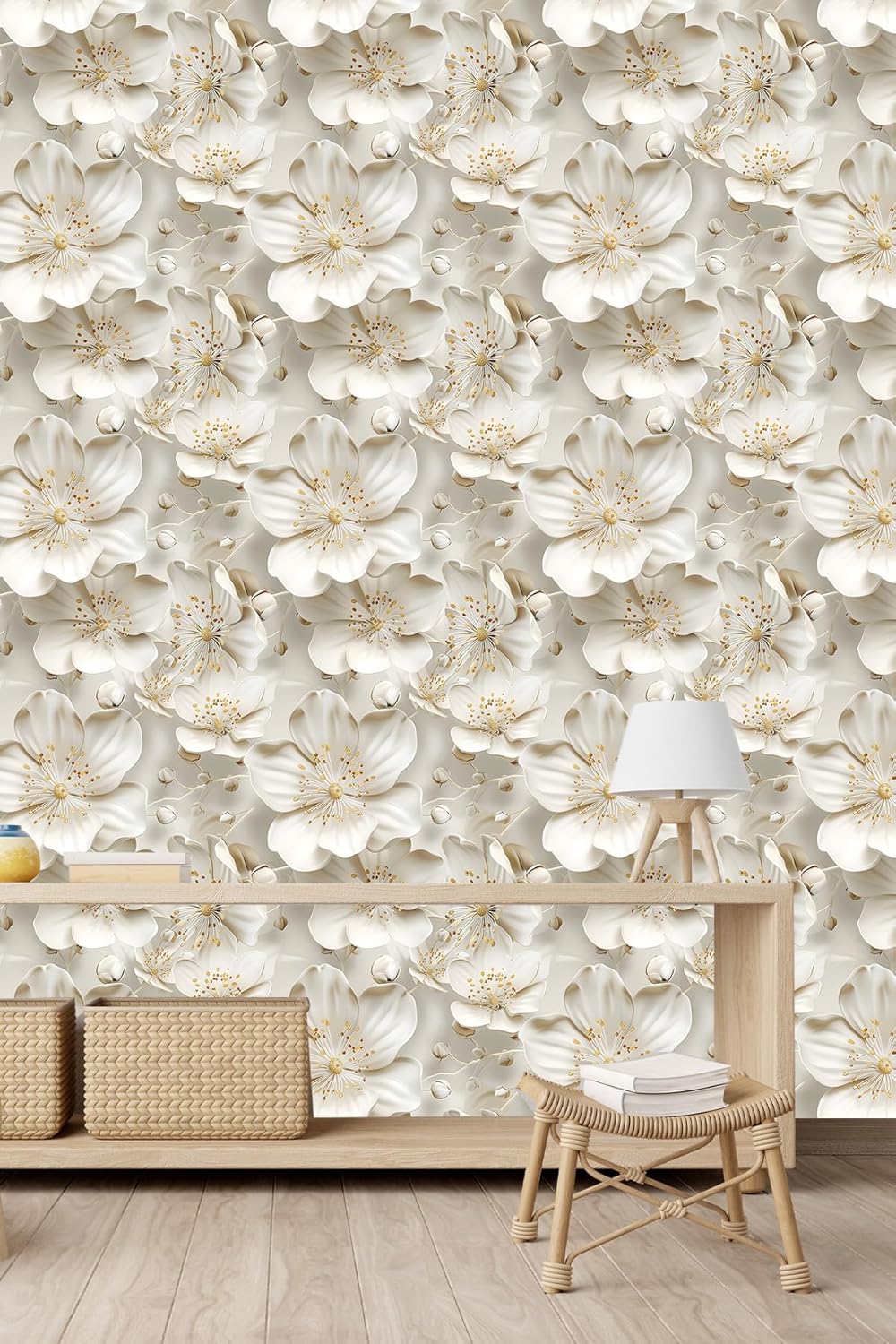 Floral Peel and Stick Wallpaper 3D Effect Interior Wall Décor Contact Paper Self Adhesive Removable Renter Friendly for Bedroom Living Cabinet Room 17.7in x 9.8ft (Not Textured Wallpaper