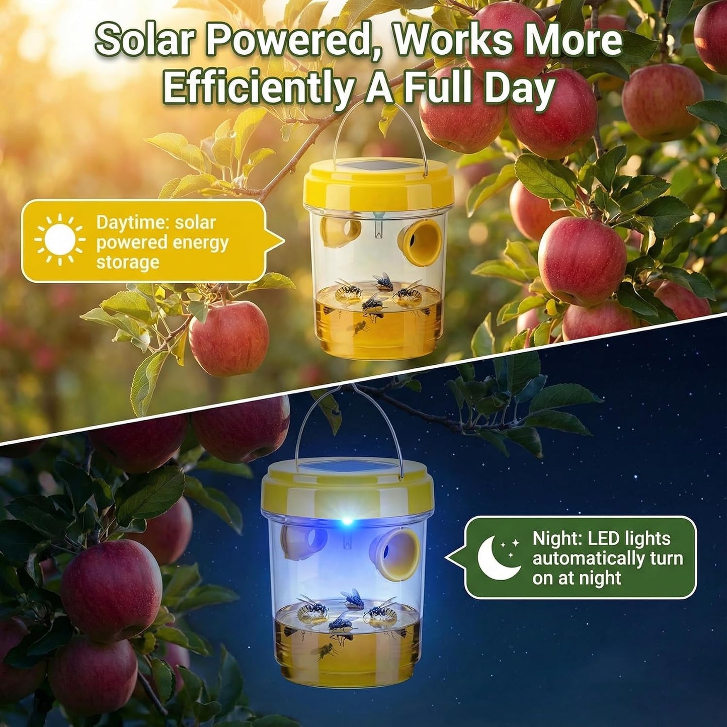 Wasp Trap Solar Powered 4 Packs, 2026 Upgrade Yellow Jacket Trap, Bee Traps Outdoor Hanging, Carpenter Bee Traps for Outside, Flying Insect Trap Reusable Hornet Catcher with LED Light