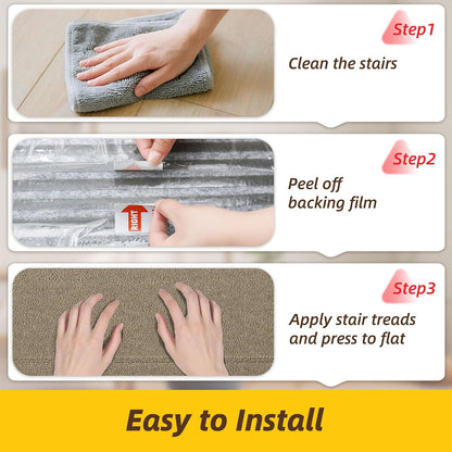 JSEI Stair Treads for Wooden Steps Indoor, 15-Pack Non Slip Stair Treads 30" x 8", Washable Polyester Stair Mats with TPE Backing, Low Profile Stair Rugs for Kids, Seniors and Dogs, Brown