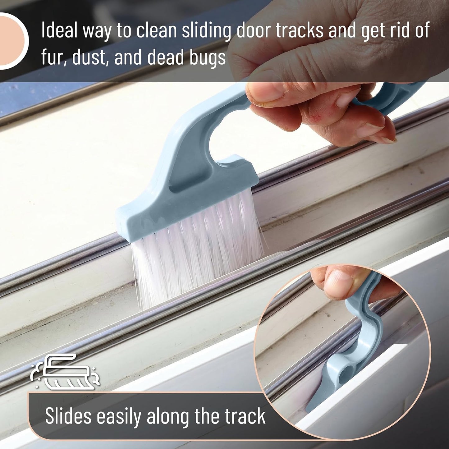Slick- Window Track Cleaning Brush, 2 Pack, Blue Ergonomic Handle | Built-in Scraper, Multipurpose Window Track Cleaning Tool for Sliding Doors, Windows, Corners, Dust, Dirt & Narrow Gaps