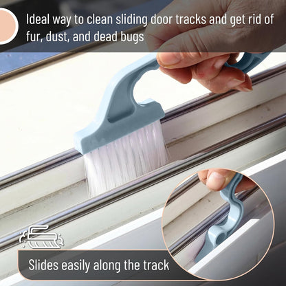 Slick- Window Track Cleaning Brush, 2 Pack, Blue Ergonomic Handle | Built-in Scraper, Multipurpose Window Track Cleaning Tool for Sliding Doors, Windows, Corners, Dust, Dirt & Narrow Gaps