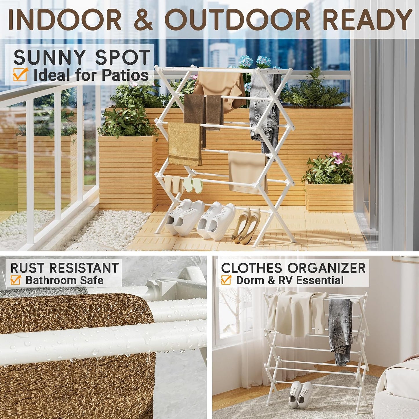 Collapsible Laundry Drying Rack for Small Apartment,35 lbs Carbon Steel with Reinforced Joints, Adjustable Space Saving Indoor Outdoor Rack, No Tools, 17.7"-29" W x 12" D x 35.5" H, White