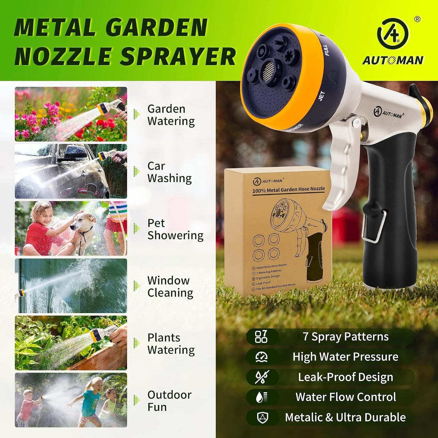 AUTOMAN Garden Hose Nozzle Sprayer - High Pressure 100% Metal Water Spray Nozzle With 4 Patterns - Heavy Duty for Watering Plants, Lawns, Washing Cars & Pets