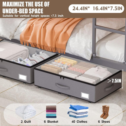 EE-RoomWorld Under Bed Storage with Wheels, No Assemble Required 5.5 inches height grey under bed storage bins,Low Profile Rolling Underbed Shoe Storage containers，dorm underbed storage drawers
