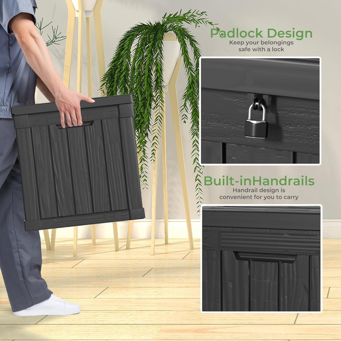 ROJIK 120 Gallon Waterproof Outdoor Deck Storage Box, Lockable Resin Patio Storage Bin with Lid for Garden Tools, Patio Cushions & Outdoor Accessories(Black)