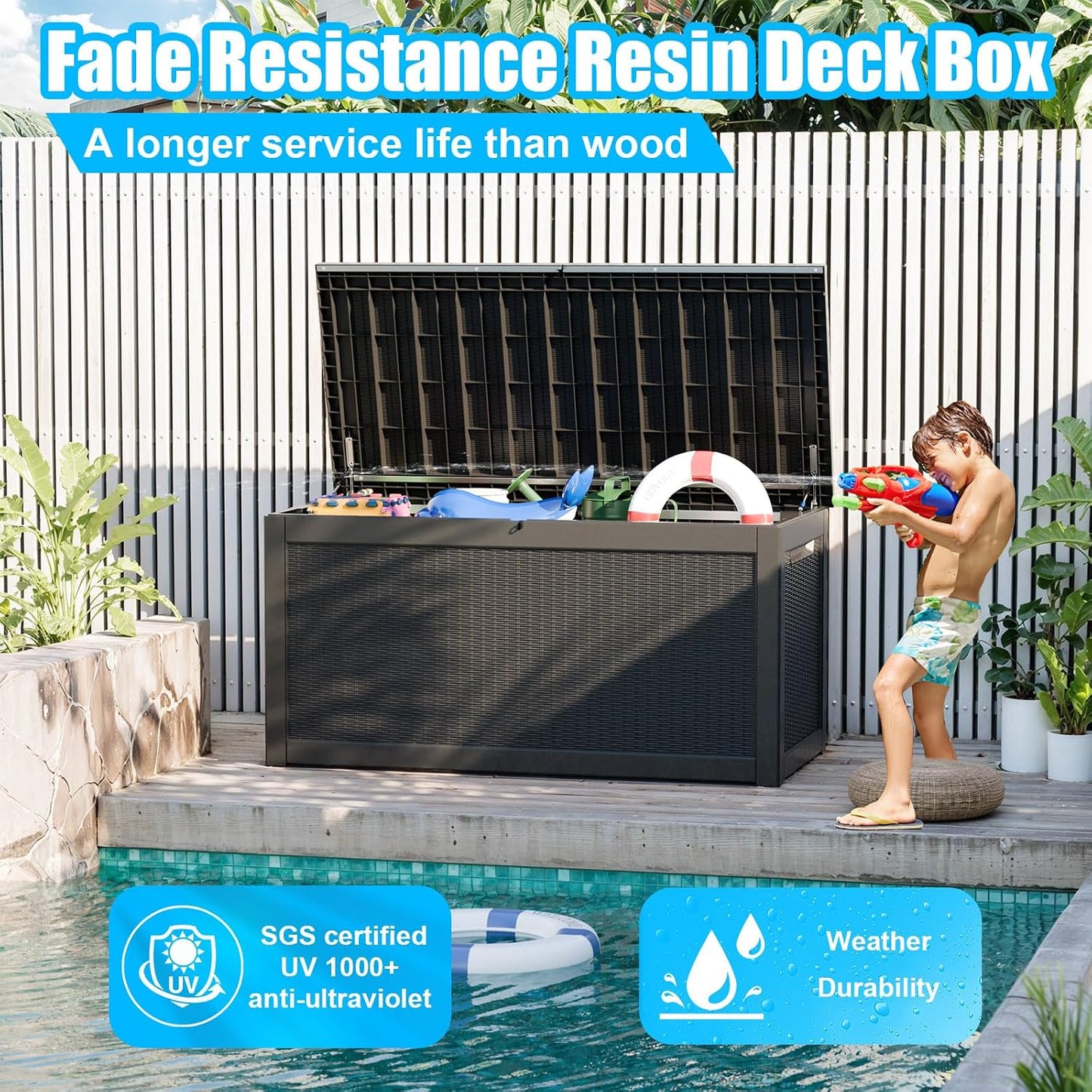 230 Gallon Large Outdoor Storage Box Waterproof, UV Resistant Resin Deck Box with Hydraulic Rod & Lockable Latch for Patio Furniture, Outside Storage Box for Garden Tools, Patio Cushions, Black