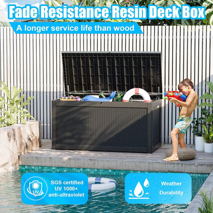 230 Gallon Large Outdoor Storage Box Waterproof, UV Resistant Resin Deck Box with Hydraulic Rod & Lockable Latch for Patio Furniture, Outside Storage Box for Garden Tools, Patio Cushions, Black