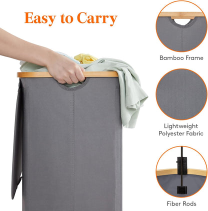 Lifewit 120L Laundry Basket with Lid, Clothes Hampers for Laundry with Bamboo Handles and 2 Removable Bag, Large Foldable Laundry Hamper for Bedroom, Bathroom, Dorm, Laundry Room, Beige