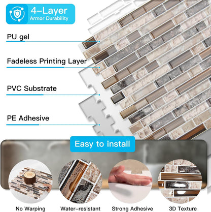 Art3d 10-Sheet Heavy-Duty Peel and Stick Backsplash, Waterproof Wall Tiles Stick on Kitchen Backsplash Living Space, Beige & White