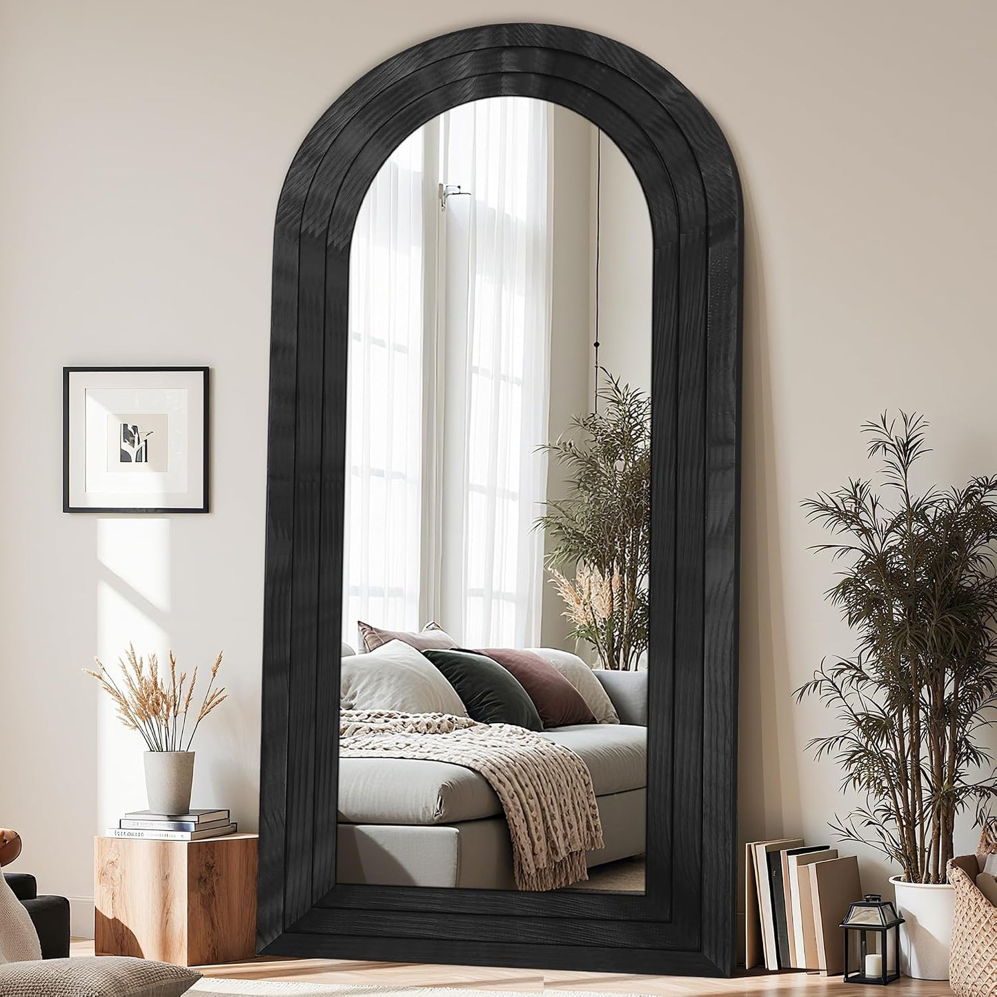 Antok Full Length Mirror with Solid Wood Frame, 71"×32" Wall Mounted Oversized Floor Mirror with Stand, Leaning Standing Hanging for Bedroom Living Room Entryway, Walnut, Arched Syle