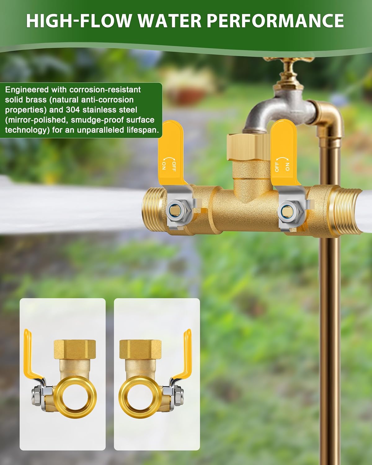 Hose Splitter 2 Way, Heavy Duty Brass Garden Hose Splitter, Water Hose Bib Spigot Splitter with 0.59" Full Flow Ball Valve Outlet & Shut-Off Valve 3/4'' Connector Outdoor Water Faucet Adapter