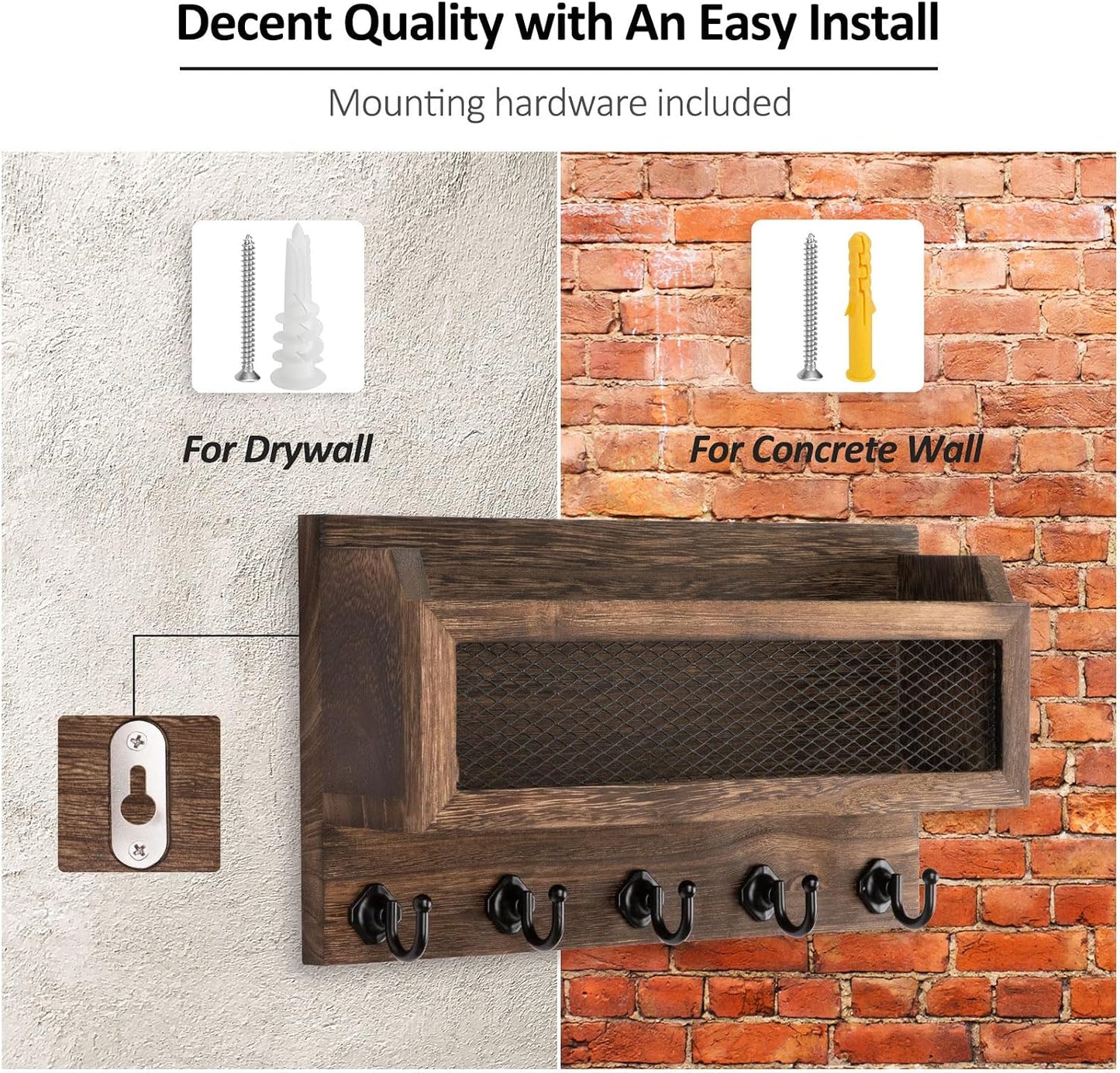 Nekon Mail and Key Holder for Wall Decorative, 11 Inch Wooden Wall Key Organizer with 5 Key Hooks, Wall Mount Storage Shelf for Entryway Hallway (Brown)