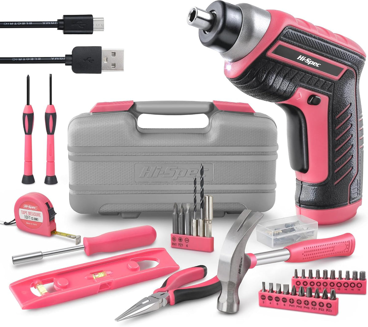 Hi-Spec Tool Kit with 3.6V USB Small Electric Screwdriver Set, Pink Drill Set for Women, Tool Kit for Home