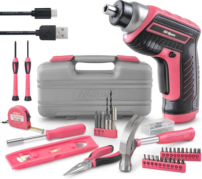 Hi-Spec Tool Kit with 3.6V USB Small Electric Screwdriver Set, Pink Drill Set for Women, Tool Kit for Home
