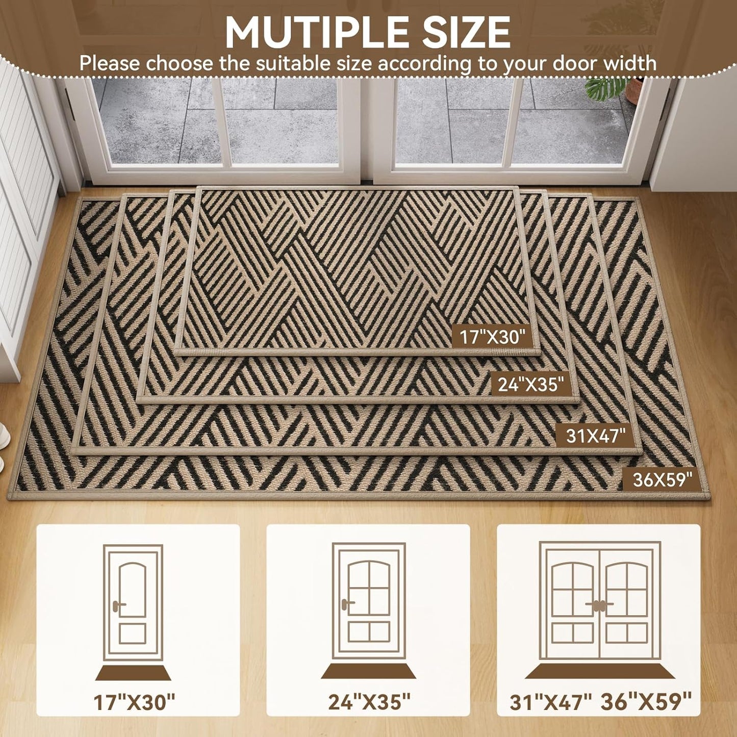 Door Mat Indoor Outside Entrance 17"x30", Low-Profile Non Slip Outdoor Inside Doormat Entryway Mat, Dirt Resistant Absorbent Front Porch Welcome Entry Mats, Washable Easy Clean, Brown