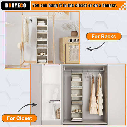 Hanging Closet Organizer 3-Shelf, Oxford Fabric Wardrobe Storage, Gray | Easy-mount foldable design holds clothes, handbags, shoes & accessories; washable Oxford fabric, sturdy and space-saving.