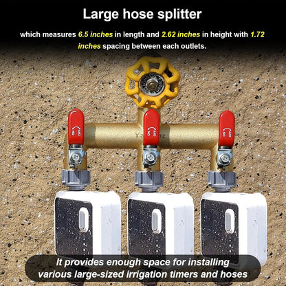 Garden Hose Splitter, 3/4” Rust and Freeze Resistant Outdoor Hose Manifold with 2 Green Extra Long Handles Faucet Adapter-Heavy Duty Brass 2-Way Valve
