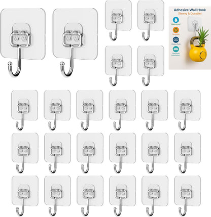 Heavy Duty Adhesive Wall Hooks Large 24 Pack, Transparent, Waterproof, Damage-Free, Sticky Hook for Hanging Upto 50lbs, No Tools Required, no Drill, for Kitchen, Shower, Tile etc.