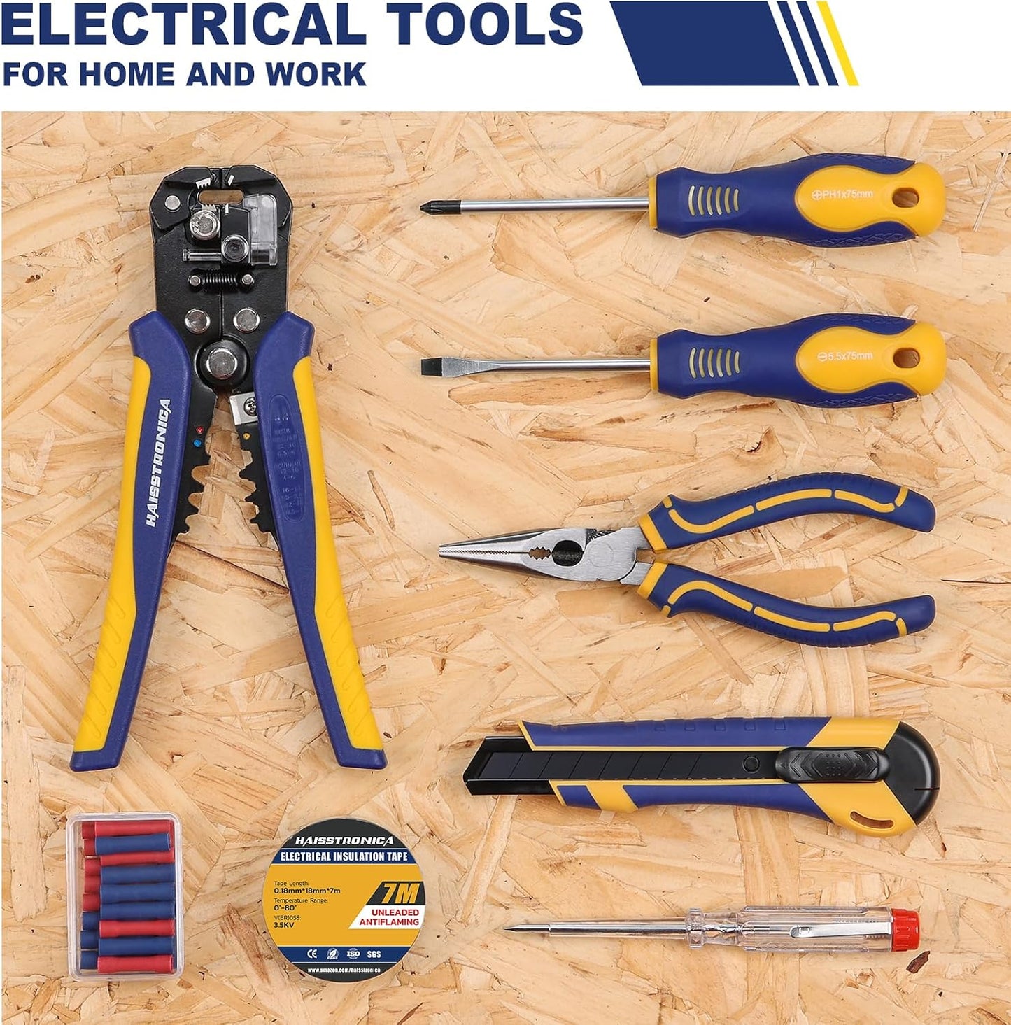 haisstronica 8 IN 1 Self-Adjusting Wire Stripper Household Tool Kit, Professional Electrician Tool Set, Needle Nose Pliers, Screwdriver, Voltage Detector Pen, Knife, Insulating Tape, Wire Connectors