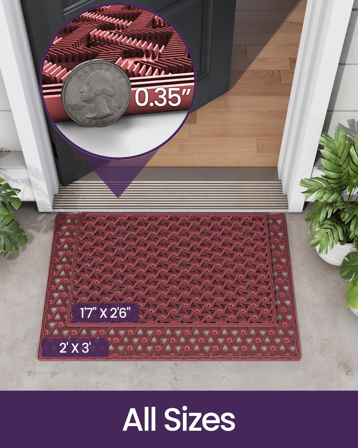 DEXI Front Door Mat Outside Entrance Rubber 19x30, Welcome Floor Doormat Heavy Duty Non Slip, Dirt Trapper Waterproof Exterior Entry Mats All Weather for Patio Entryway Drainage, Black