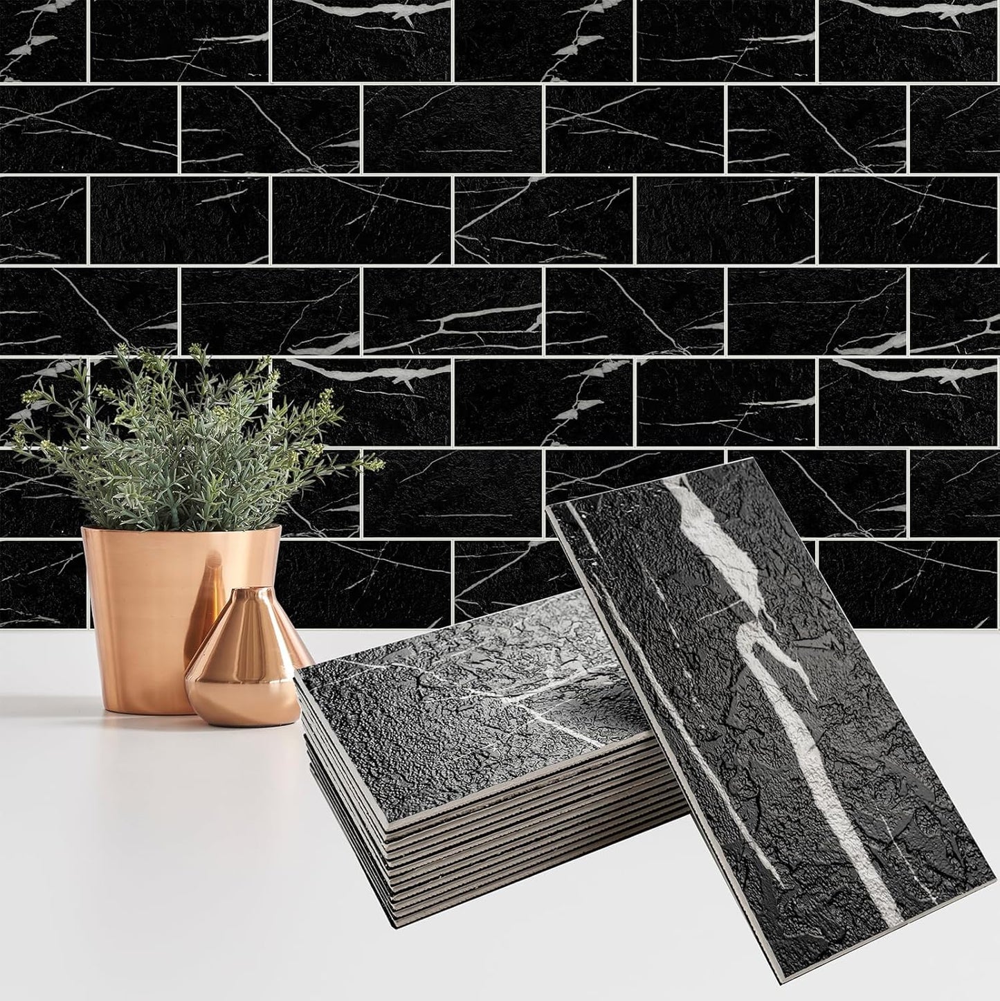 StyloVue 100 Pieces Peel and Stick Backsplash for Kitchen, 3" x 6" PVC Subway Tile, Glossy White with Dark Gray Grout, Self Adhesive Stick on Wall Tiles for Kitchen, Bathroom, Fireplace, RV