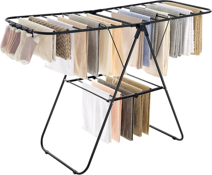 SONGMICS Clothes Drying Rack, with Sock Clips, Metal Laundry Rack, Foldable, Space-Saving, Free-Standing Airer, with 2 Height-Adjustable Gullwings, Indoor Outdoor Use, Gray ULLR052G01