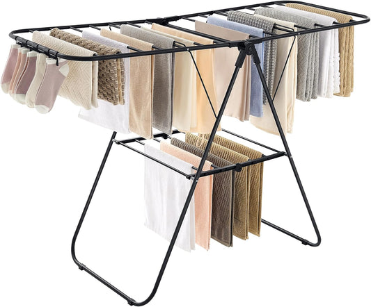 SONGMICS Clothes Drying Rack, with Sock Clips, Metal Laundry Rack, Foldable, Space-Saving, Free-Standing Airer, with 2 Height-Adjustable Gullwings, Indoor Outdoor Use, Gray ULLR052G01