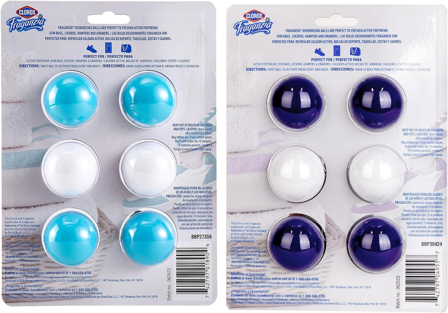 Clorox Fraganzia Deodorizing Balls Bundle - Battery-Free Odor Eliminators for Shoes, Gym Bags, Closets, Lockers, Hampers & Drawers, Fresh Ocean Breeze and Lavender with Eucalyptus, 6 Count Each