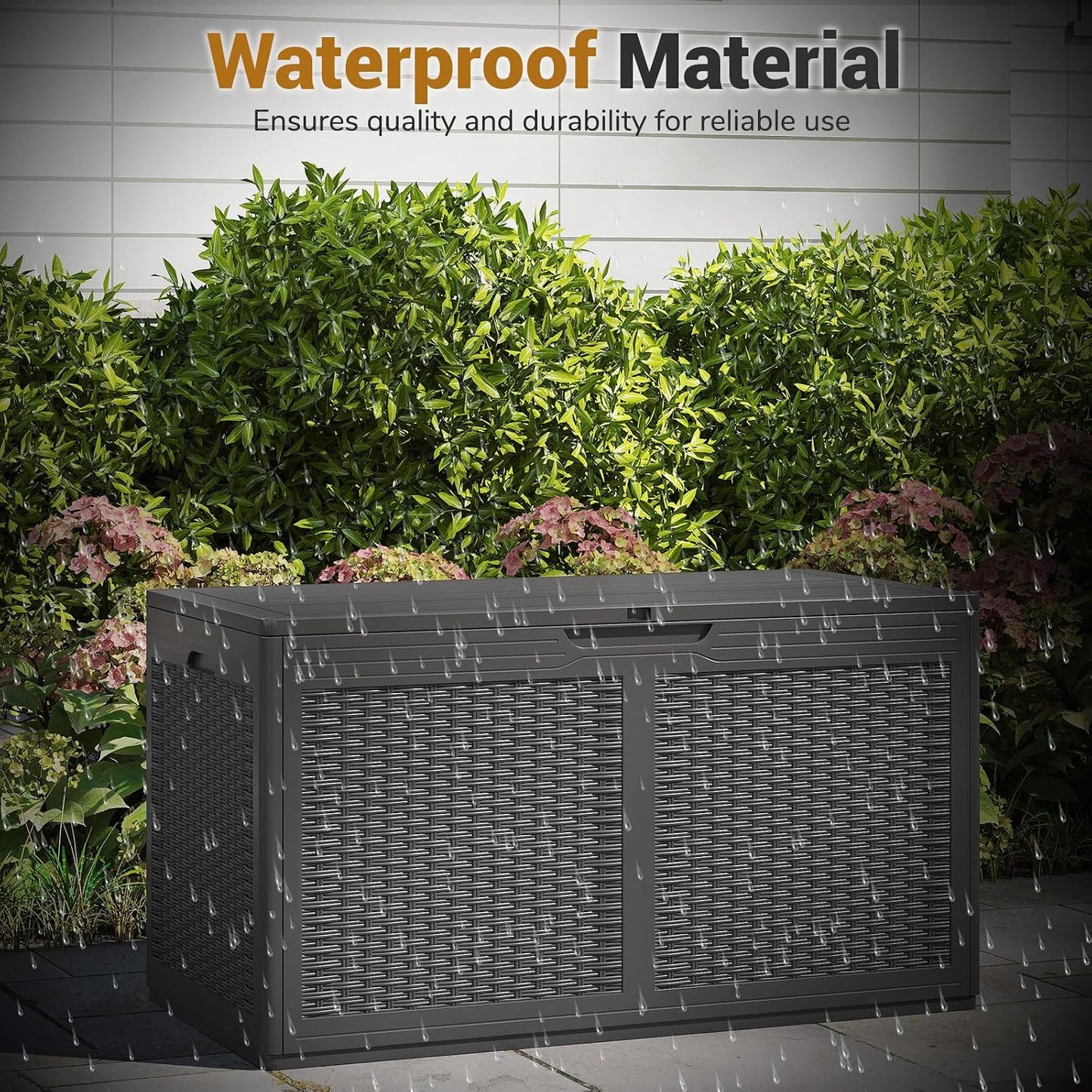 Tangkula 100 Gallon Outdoor Storage Box, Lockable Outdoor Storage Bench with 2 Smooth Wheels, Faux Rattan Surface, Waterproof Resin Deck Box for Outside Poolside Patio Garden (Brown)