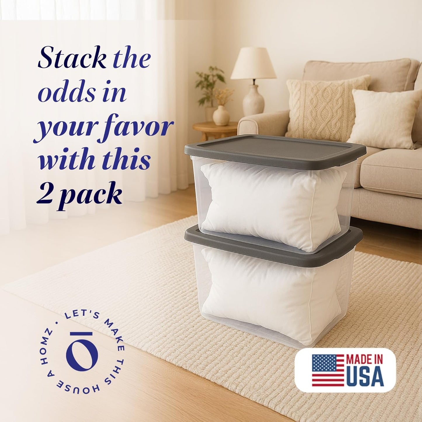 HOMZ 2-Pack Snaplock, Small Clear Plastic Storage Organizer Bins w/ Lids, 28 Quart, Gray - Stackable Container Boxes for Bedroom, Bathroom, Garage, and Office Organization