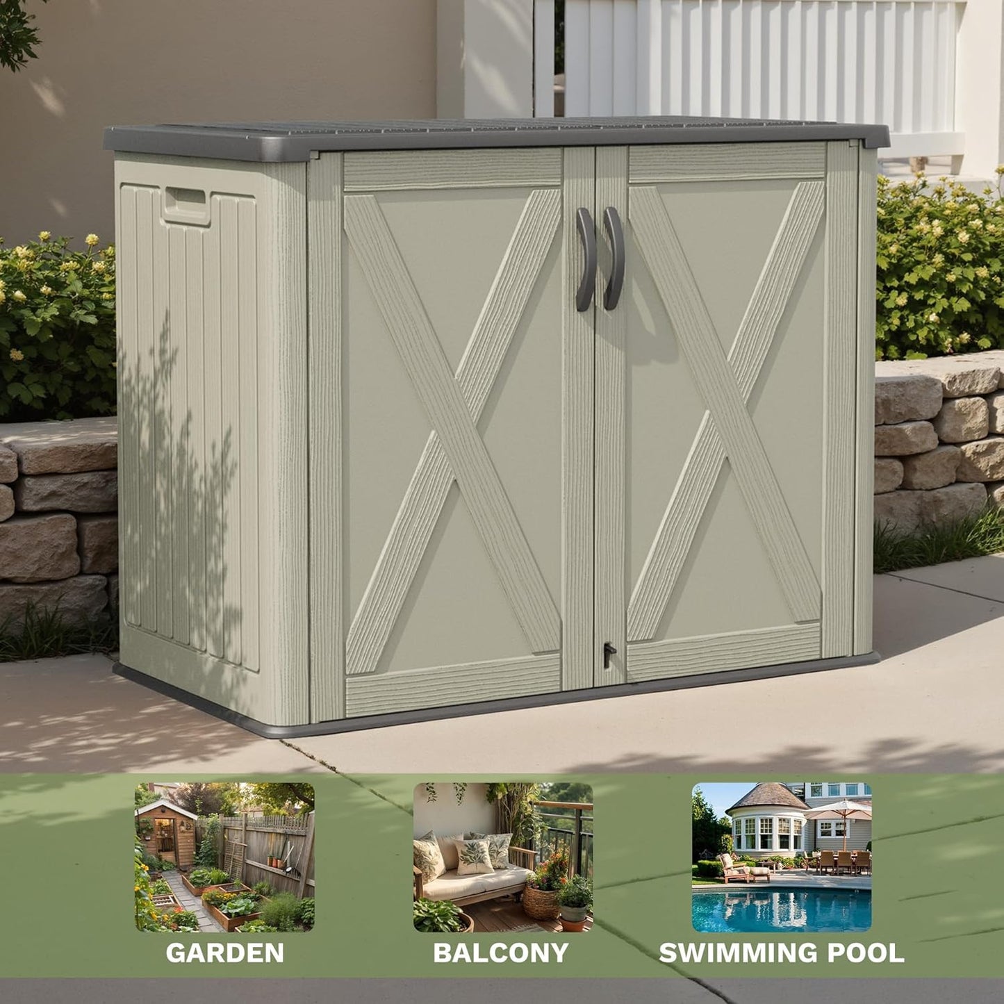 Patiowell 26 Cu.ft Outdoor Storage Cabinet with Lockable Door, Waterproof Horizontal Storage Shed for Tools and Patio Furniture, All-Weather Resin Shed Easy Assemble for Pool or Backyards, Brown
