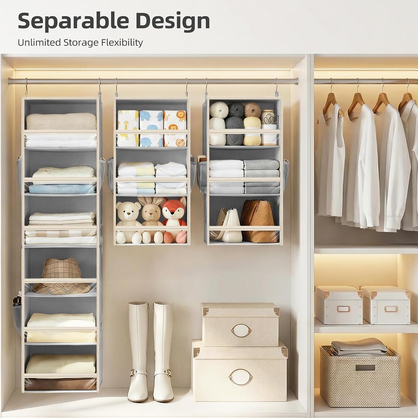 STORAGE MANIAC 6-Shelf Hanging Closet Organizer and Storage, 2 Separable 3-Shelf Haning Organizers for Closet, Collapsible Hanging Shelves Wardrobe Organization, College Dorm Room, Nursery, Beige